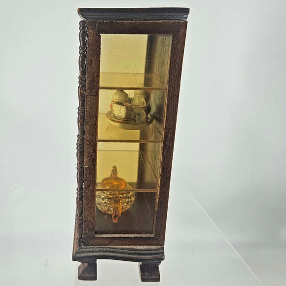 Vintage Dollhouse Curio Display Cabinet China Hutch Wood w tea set glass teapot - Picture 4 of 8